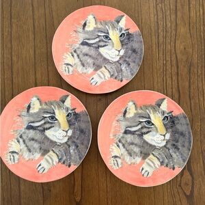 Anthropologie Tabby Cat Stella Carole Akins Set of 3 Plates- Discontinued